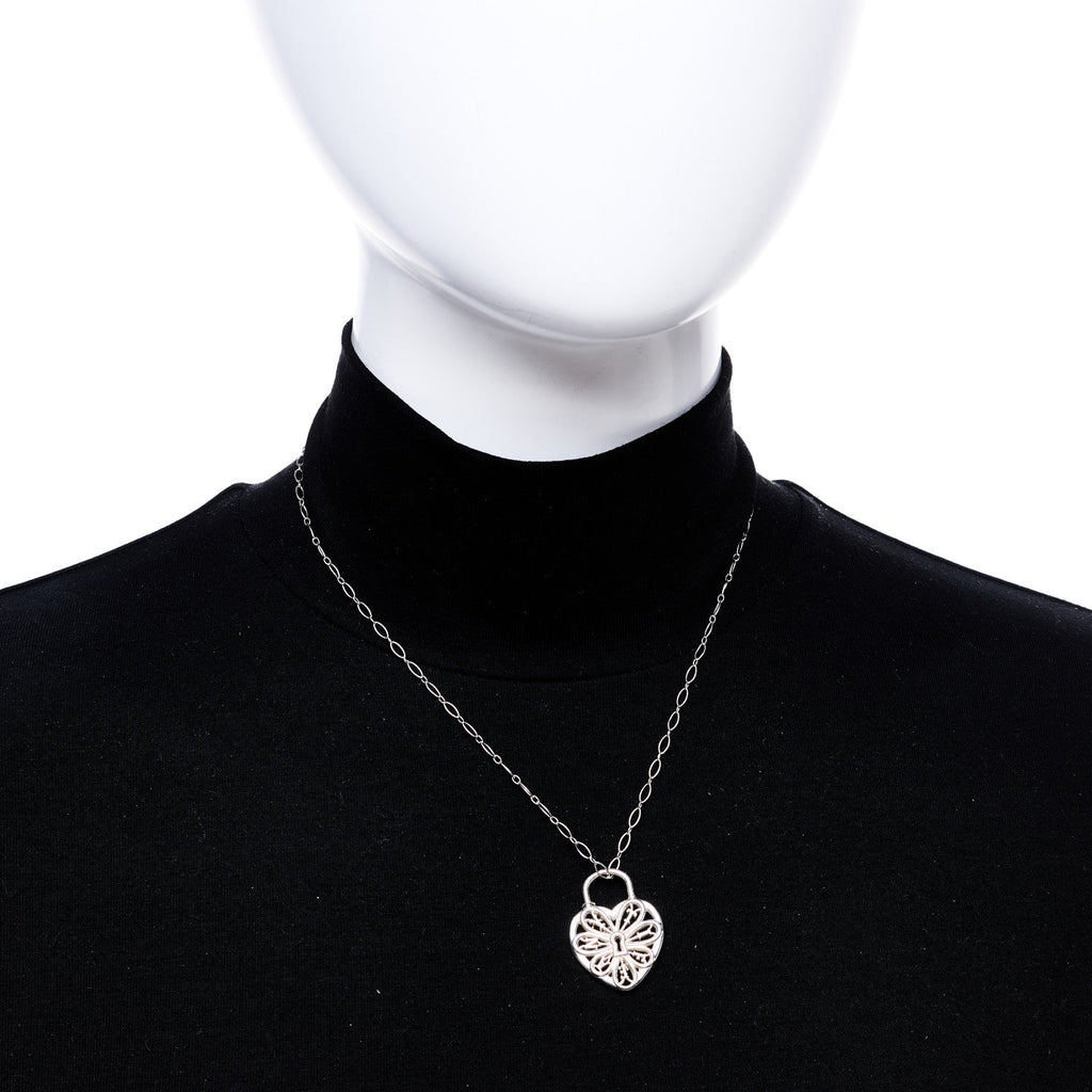 Sterling Silver Large Filigree Heart Lock Key Pendant Necklace