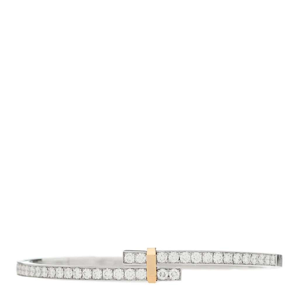 Platinum 18K Yellow Gold Diamond Edge Hinged Bypass Bangle Bracelet
