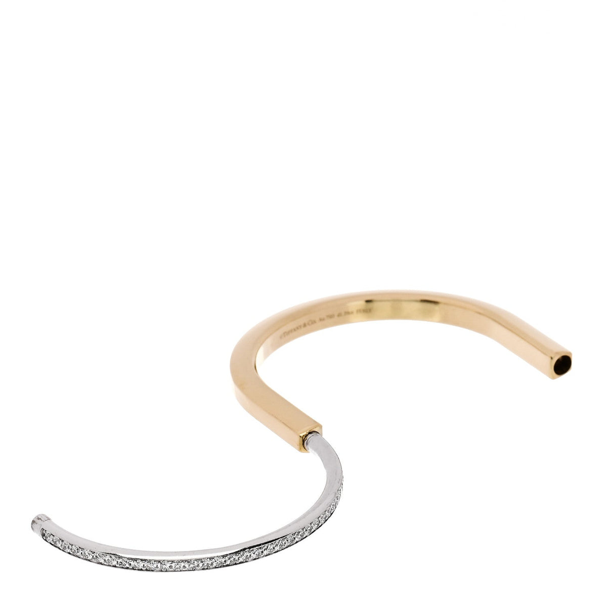 18K Yellow White Gold Diamond Tiffany Lock Half Pave Bangle Bracelet