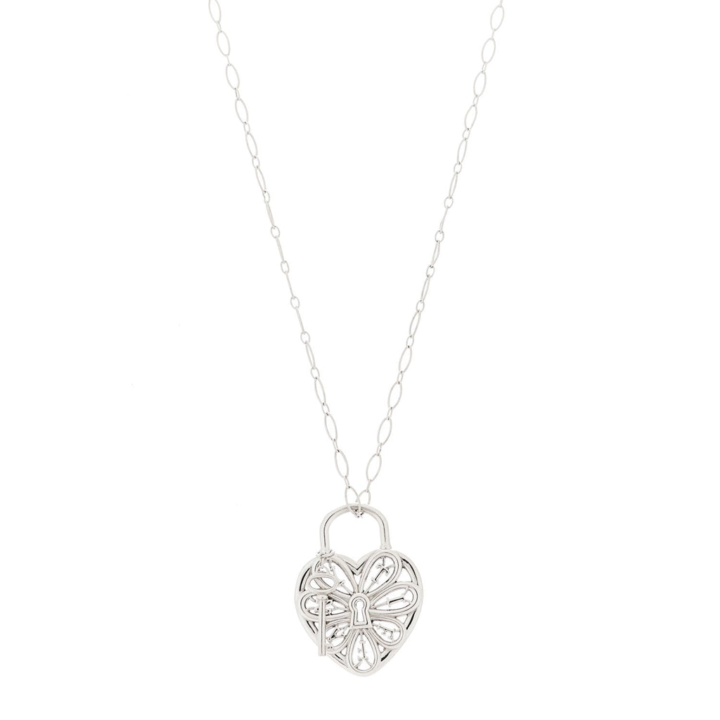 Sterling Silver Large Filigree Heart Lock Key Pendant Necklace