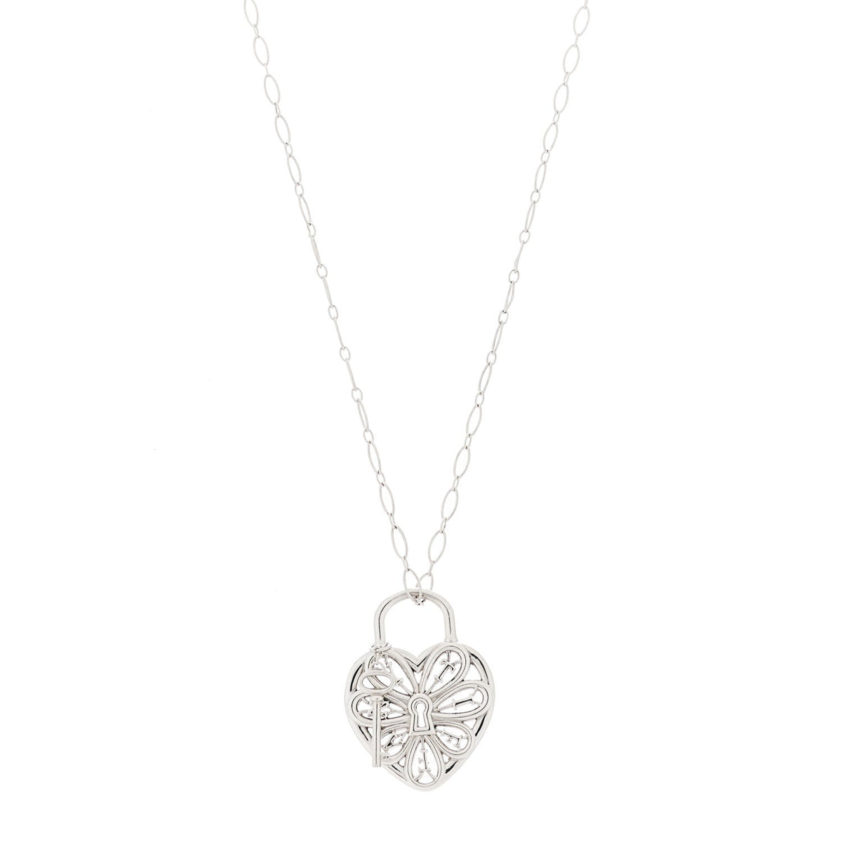 Sterling Silver Large Filigree Heart Lock Key Pendant Necklace