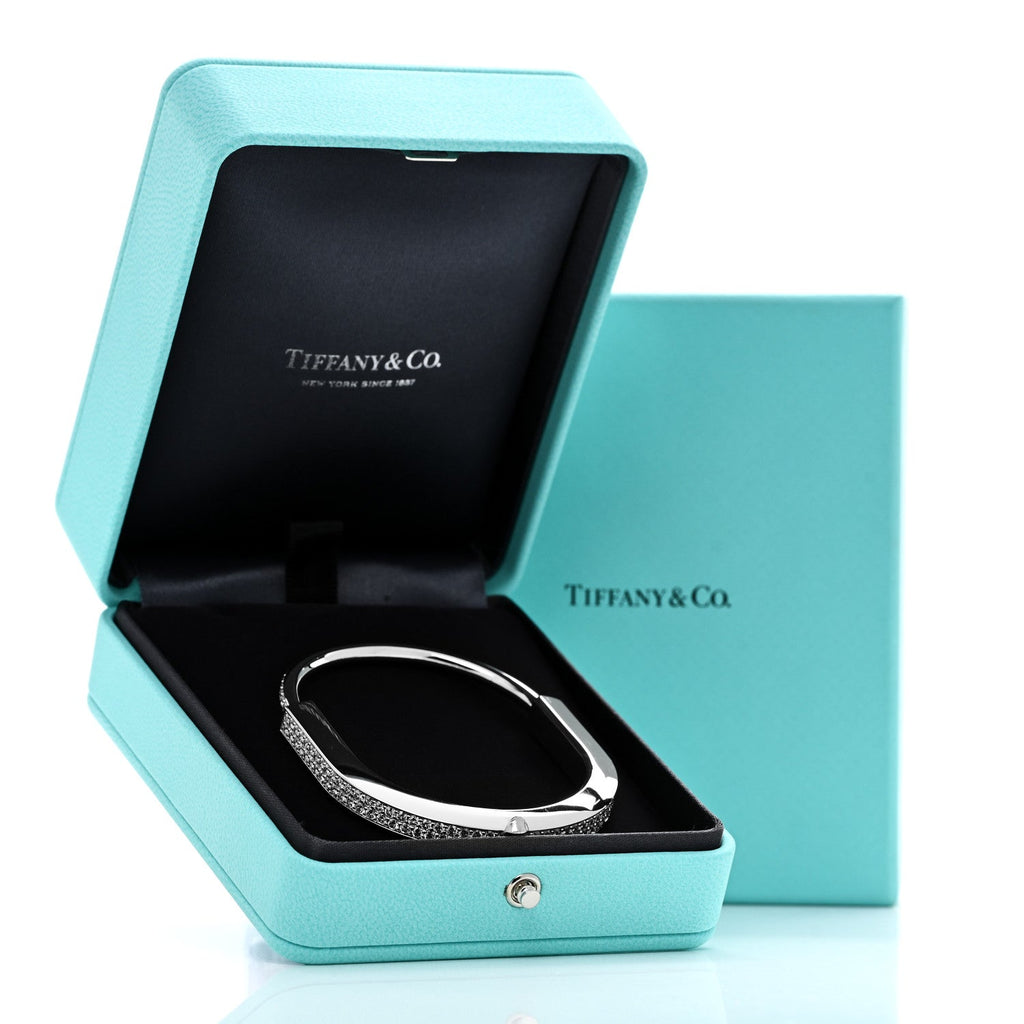 18K White Gold Diamond Tiffany Lock Bangle Pave Bracelet