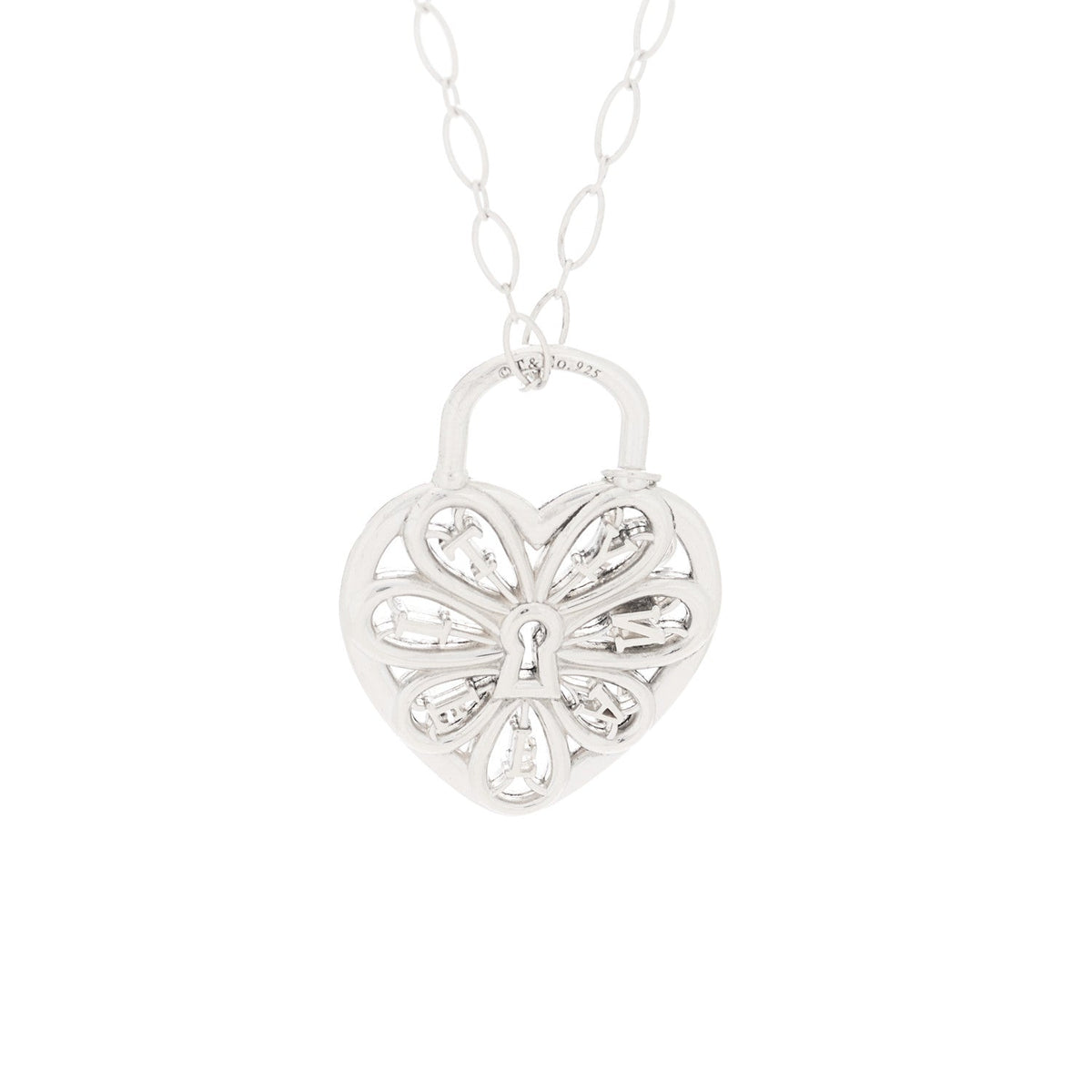 Sterling Silver Large Filigree Heart Lock Key Pendant Necklace