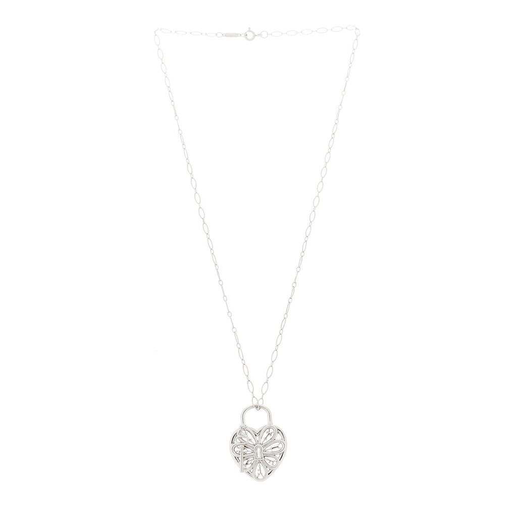 Sterling Silver Large Filigree Heart Lock Key Pendant Necklace