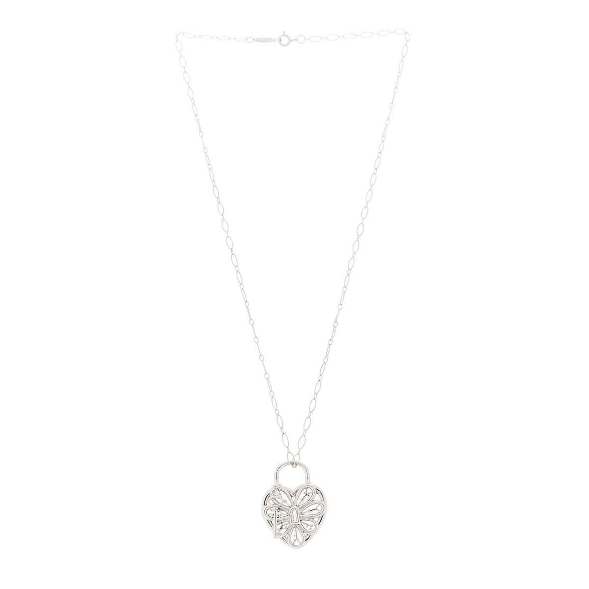 Sterling Silver Large Filigree Heart Lock Key Pendant Necklace