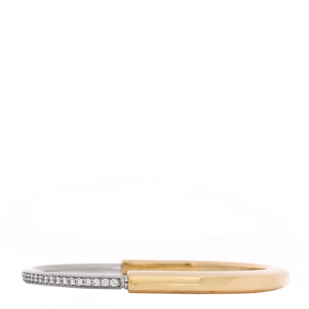 18K Yellow White Gold Diamond Tiffany Lock Half Pave Bangle Bracelet